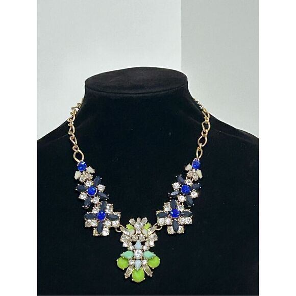 J. Crew Stunning Cluster Statement Necklace Multi Crystals & Gold Chain Signed - Picture 3 of 13